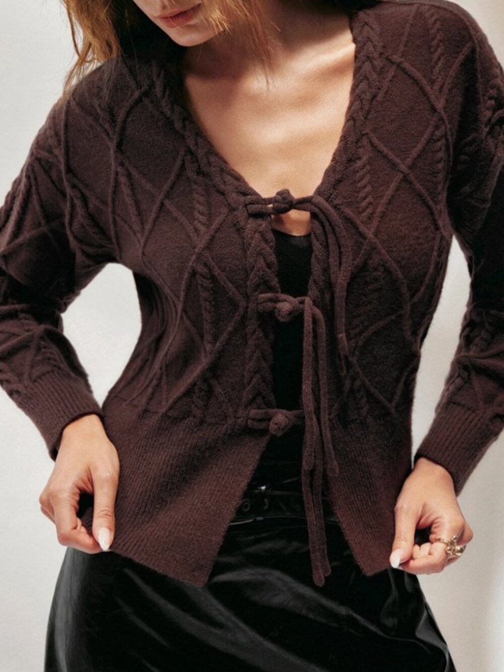 Brown Diamond Cable Knit Tie Front V Neck Cardigan